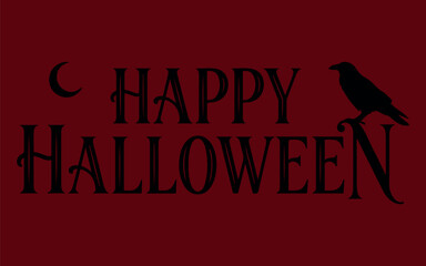 Obraz premium Happy Halloween minimal typography with raven silhouette and crescent moon vector illustration