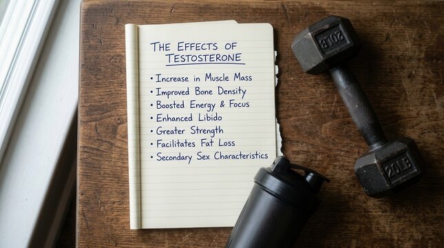 Testosterone Effects And Fitness Gear List On A Wooden Surface
