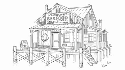Naklejka premium Vintage coastal seafood shack restaurant on a wooden pier line art sketch