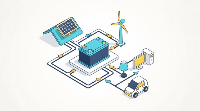 Clean isometric vector illustration of an electrical energy system with battery, power lines, appliances and energy-flow arrows connected in a compact technical diagram. Generative AI artwork.