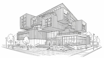 Fototapeta premium Architectural line drawing of a modern community cultural center sketch