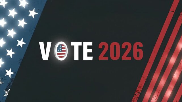 Vote 2026 text animation with American flag elements for election day