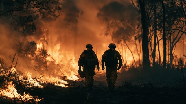 Two firefighters walking into a forest fire with flame and smoke surrounding trees during intense wildfire emergency response at night
