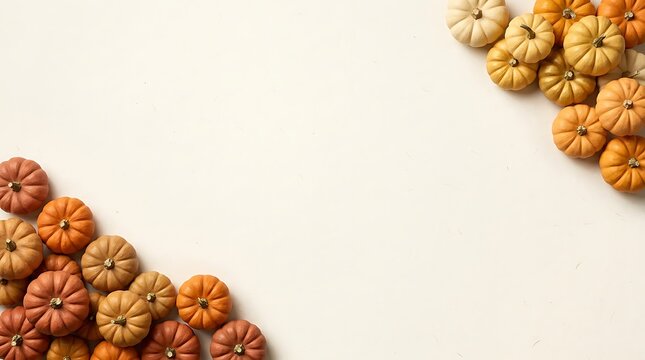 Fall pumpkins arranged in a Thanksgiving border on a beige background