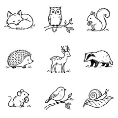 Obraz premium Cute forest animals doodle icon set featuring sleeping fox, owl, squirrel, hedgehog, deer, badger, mouse, bird, and snail.