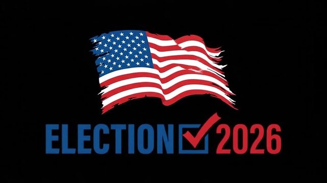 Waving American flag graphic with 2026 election text and checkmark symbol