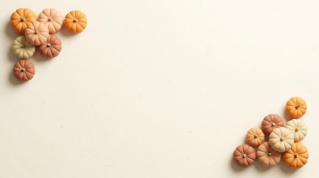 Fall pumpkins arranged in corner borders on a beige background for Thanksgiving decoration