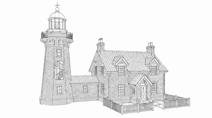 Obraz premium Lighthouse and Keeper's House Architectural Line Art Coloring Page
