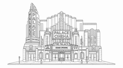 Naklejka premium Vintage Art Deco Cinema Theater Exterior Line Art Coloring Page