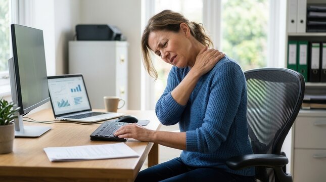 Woman Experiencing Neck Pain While Working At Her Desk