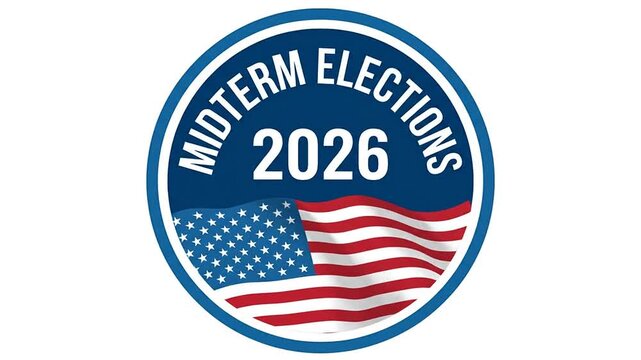 2026 United States midterm elections animated circular badge with waving American flag.