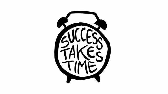 Motivational motion of a clock hand moving toward seven o'clock before transforming into the inspirational message &ldquo;success takes time&rdquo; symbolizing patience progress, goal achievement
