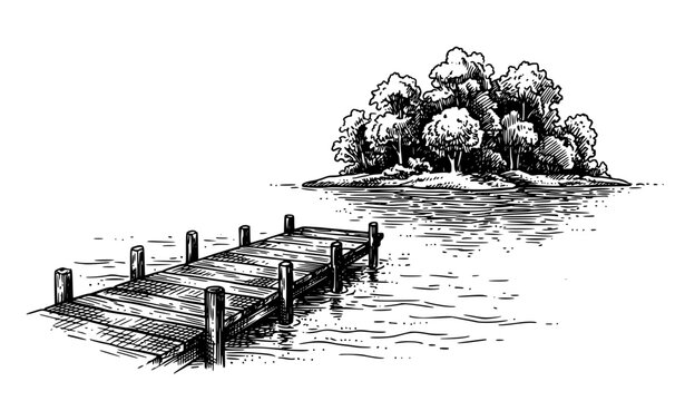 Wooden pier on calm lake with distant island vector sketch in hand drawn detailed hatching style