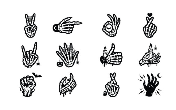 Collection of hand gestures featuring skeletal hands in a black and white style