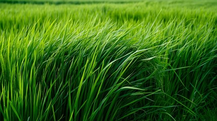 Fototapeta premium A lush green field of tall grass swaying gently in the breeze under bright natural light creating a serene and vibrant natural landscape
