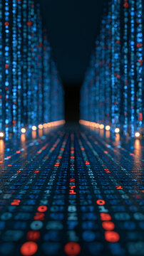 Futuristic digital data tunnel with glowing binary code stream for cyber security and big data concept