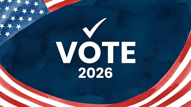 Animated VOTE 2026 graphic with American flag border and check mark for US election