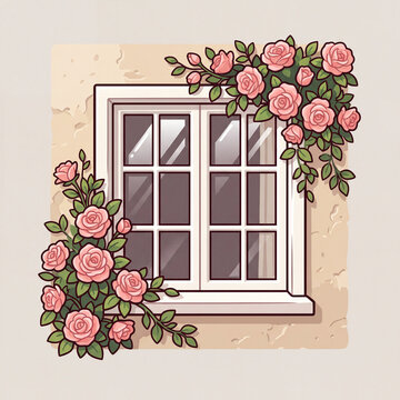 2D Stylized Game Asset Window with Climbing Pink Roses and Green Foliage