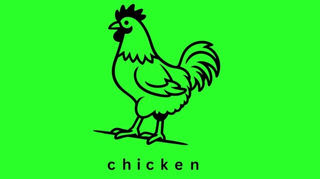 Black Line Art Chicken Rooster Vector Illustration with Text on Green Screen Chroma Key Background for Poultry Farming Concept