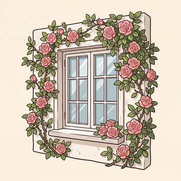 Cartoon Window with Pink Climbing Roses Game Asset Illustration