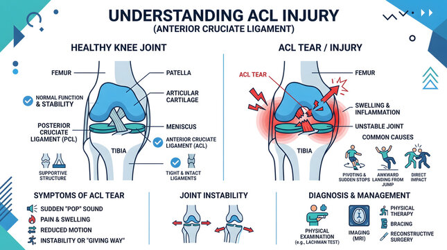 ACL injury medical diagram explaining healthy knee joint stability versus anterior cruciate ligament tear with red inflammation indicators.