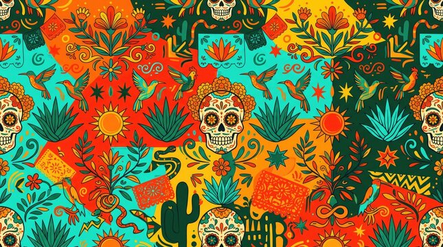 Dia de los Muertos vector seamless pattern with sugar skulls and folk art elements