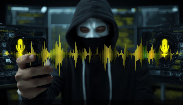 Anonymous hacker in a hoodie holding a smartphone with digital audio wave
