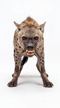 Hyena stands alert with its mouth open, showcasing its teeth on a white background. The image captures the animals fierce expression isolated on white background. Video made using Generative AI.