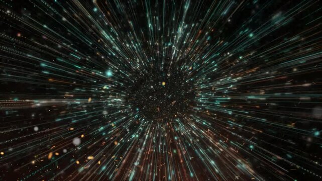 Hyperspace warp speed effect with glowing light streaks and particles moving through a deep cosmic void in outer space
