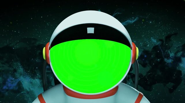 Animated astronaut waving in deep space with solar system projection on helmet visor against a dark starry nebula background