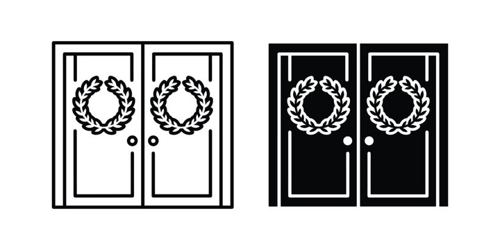 Double door wreath line icon vector set for holiday entrance design