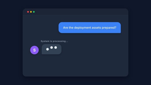 Animated software window, blue query box with 'Are the deployment assets prepared?', processing indicator and purple circle icon, symbolizing system checks and tech operations, seamless loop