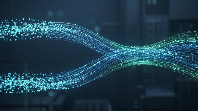 Abstract sustainable energy transition visualization with flowing particles, designed for ESG reporting, corporate sustainability presentations, climate technology marketing.