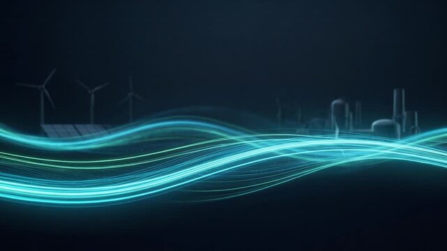 Flowing renewable energy light trails representing decarbonization and clean power transformation for corporate ESG communication, sustainability reports, climate tech marketing.