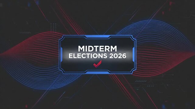Midterm Elections 2026 digital graphic with red and blue light waves