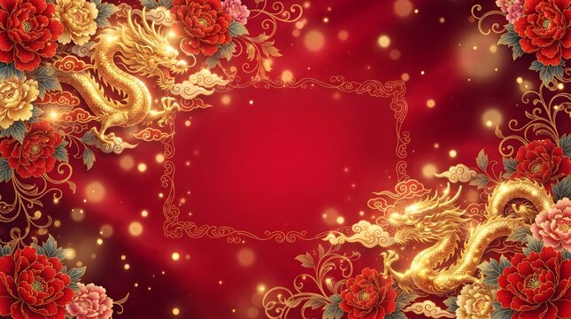 Golden Chinese dragons framing empty red center card with red peonies and glowing bokeh lights