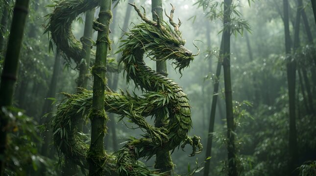 Majestic green dragon made of bamboo leaves coiling among tall bamboo stalks in dense forest