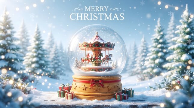 Merry Christmas snow globe with vintage carousel surrounded by snowy pine trees
