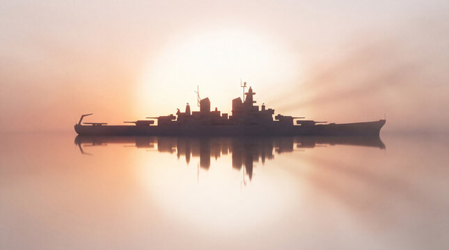 A serene silhouette of a large naval battleship floating on calm water against a warm, misty sunset background with soft reflections.