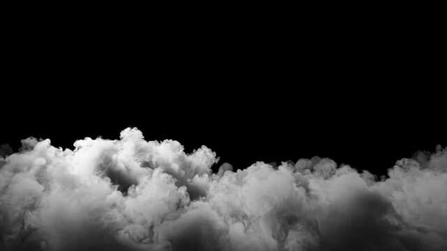 4K video of realistic white volumetric clouds and dense fog rolling slowly towards the camera against a dark background. High-quality cinematic background element.