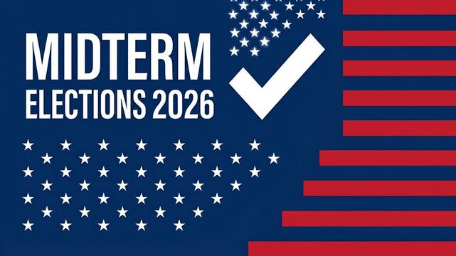 Midterm Elections 2026 text with American flag background graphics