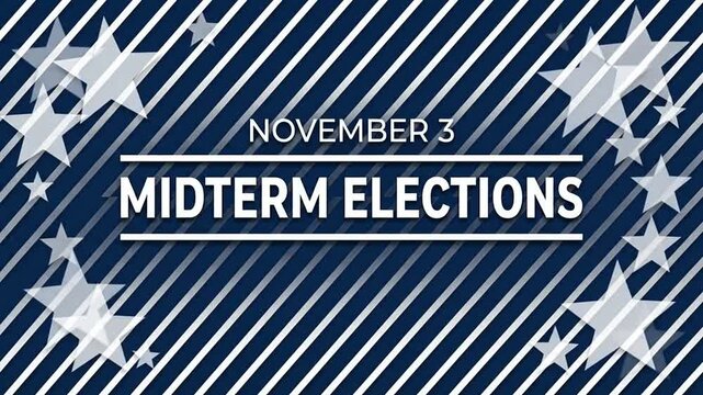 Midterm Elections text graphic with moving white diagonal stripes and stars