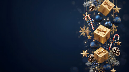 Obraz premium A luxurious and elegant christmas background featuring golden gift boxes ornaments and snowflakes perfect for holiday greetings and festive designs