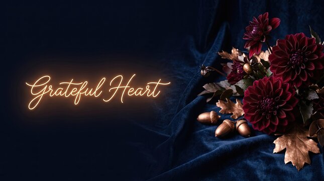 Elegant dark background featuring a grateful heart text for a beautiful happy thanksgiving day banner celebration design project