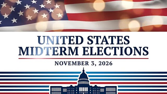 United States Midterm Elections graphic with US flag and Capitol for November 3 2026 announcement.