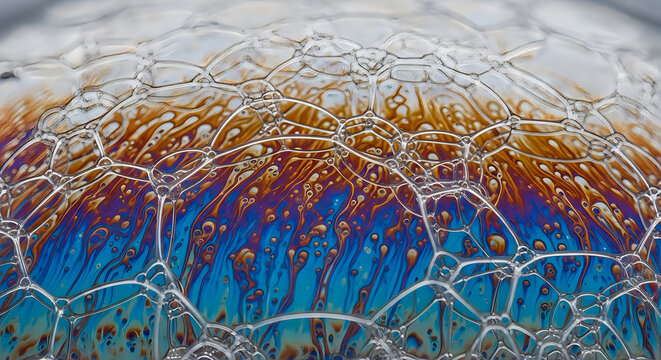 Colorful soap bubbles macro texture with blue and orange tones