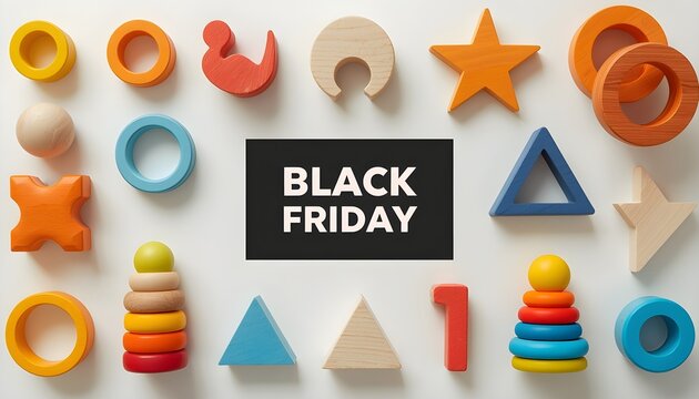 Educational toy collection featuring stacking rings, wooden shapes and sorting pieces arranged in a clean colorful composition, Black Friday vector banner.
