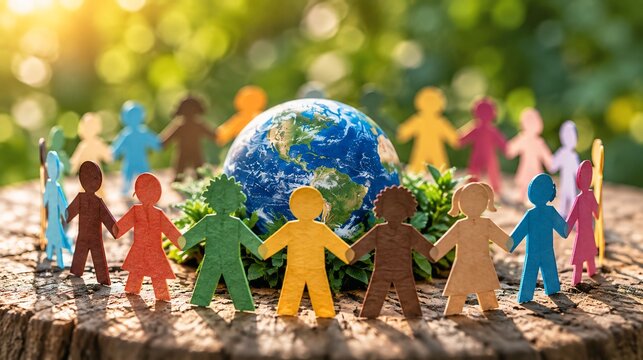 Colorful paper cutout people holding hands around a small terrestrial globe on a tree stump with environmental awareness