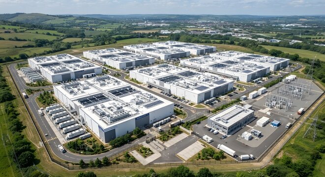 Large Scale Data Center Computing Infrastructure Aerial Drone View