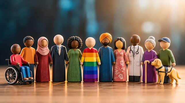 Diverse wooden figurines representing inclusivity with people of various backgrounds and a service dog inclusive society equality
